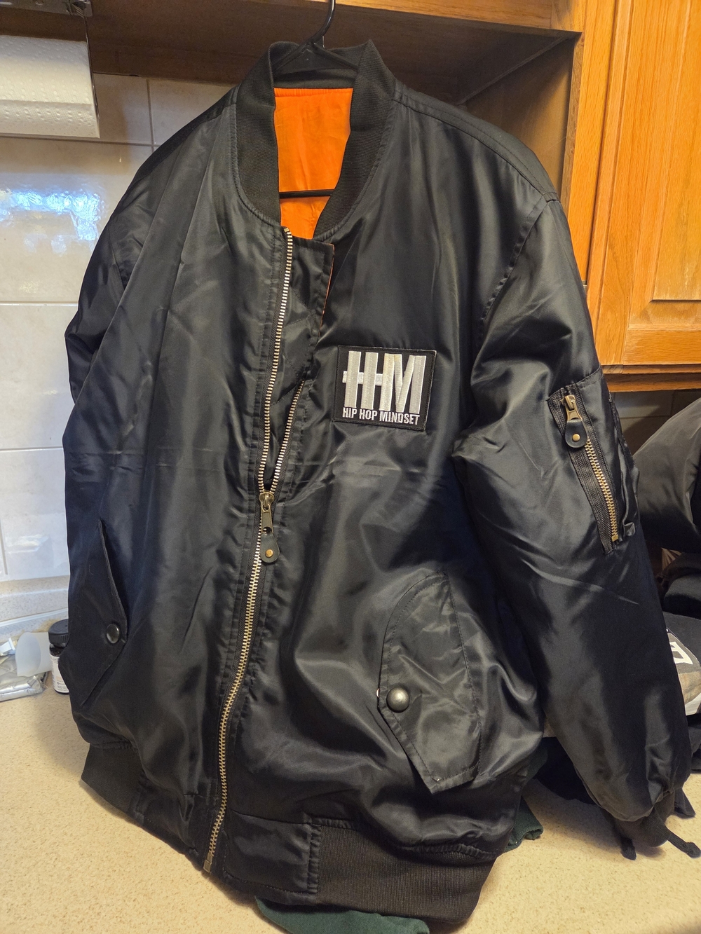 Hip Hop Mindset Men's Black Bomber Jacket with Orange Lining Size Medium
